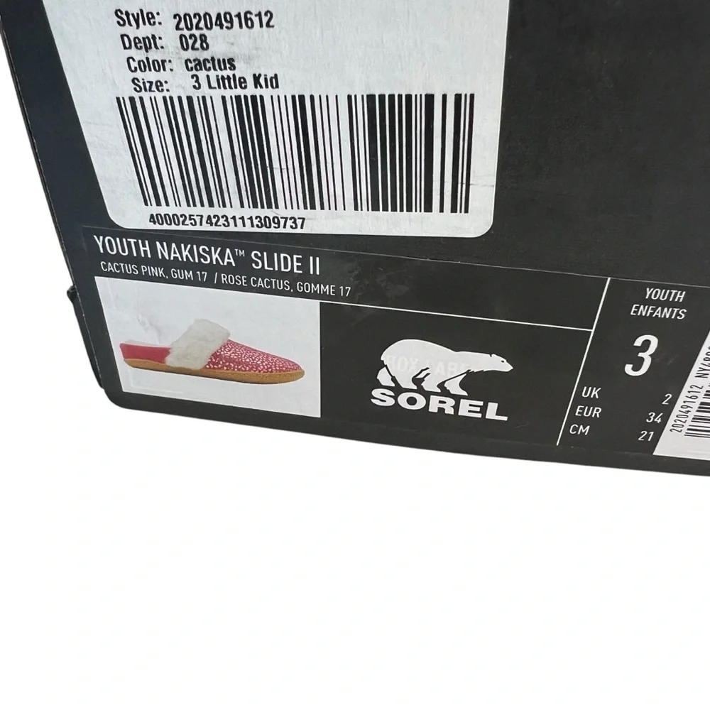Sorel NEW Youth Nakiska Slide II Cactus Pink/White Fuzzy Slipper Youth 3, 4, 5